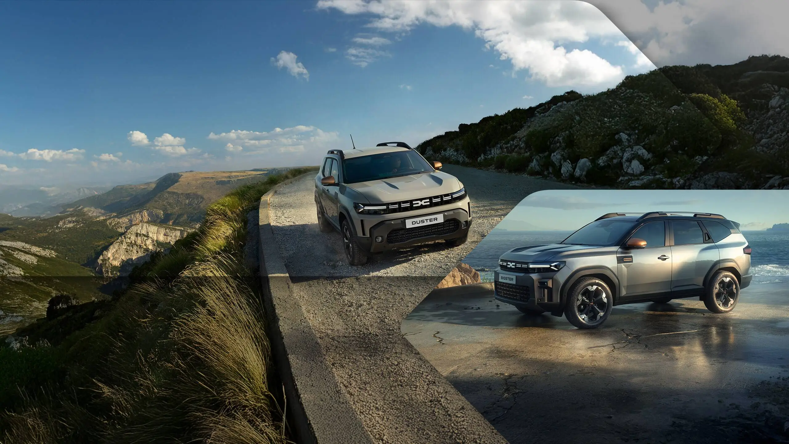 Dacia Bigster e Dacia Duster su una strada di montagna